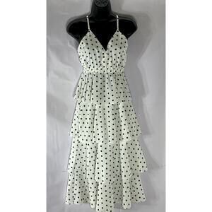 UNBRANDED Women's White-Black Polka-Dot V-Neck Tiered Midi Dress SZ S